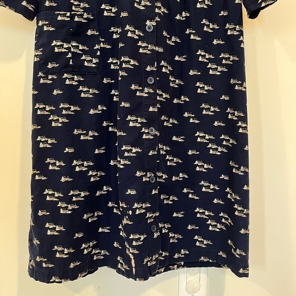 NAVY Blue Vintage Cotton Midi Dress Nautical Boats and Harbour Print Coastal - Picture 7 of 12